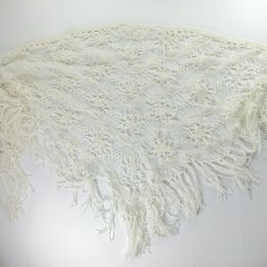 Holt Renfrew White Boho Fringe Knit Shawl Elegant Winter Layering Wrap Holiday